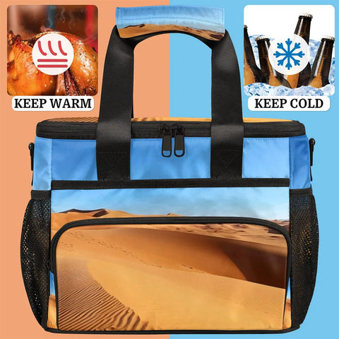 Insulated Picnic Backpack Lunch Box For Everyday Carry Big 12x9 Inch Tote That Keeps Food Fresh Perfect For Picnics Beach Days Work Lunch Travel Camping And Day Trips, showing hot and cold icons.