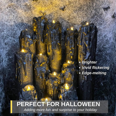 Dripping Black Flameless Tea Lights 24 Pack With Warm White Flickering LED Candles For Halloween Decor Safe Battery Operated