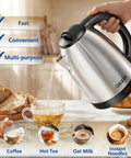 Electric Kettle 2L BPA Free Stainless Steel, Fast Boil, Auto Shut Off, boiling water into a cup in a kitchen setting.