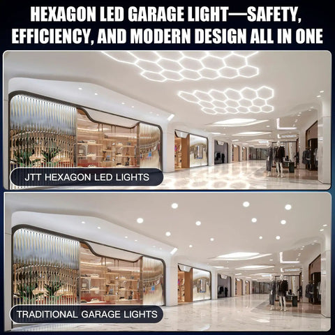 Comparison of JTT Hexagon LED Garage Lights and traditional garage lights showcasing different lighting efficiencies.