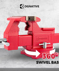 Beefy Heavy Duty 6.5 Inch Bench Vise With Anvil, ductile iron body, 360 degree swivel, red powder coat, zinc plated hardware.