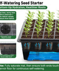 No Fuss Self Watering Seed Starter Kit With Grow Light And Heat Mat Seedling Tray With Humidity Dome For Indoor Germination Easy Start For Beginners To Grow Tomatoes Peppers Herbs And Flowers showing water reservoir and seedlings.