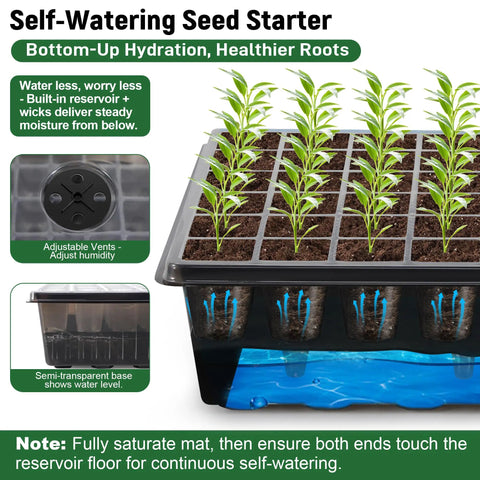 No Fuss Self Watering Seed Starter Kit With Grow Light And Heat Mat Seedling Tray With Humidity Dome For Indoor Germination Easy Start For Beginners To Grow Tomatoes Peppers Herbs And Flowers showing water reservoir and seedlings.