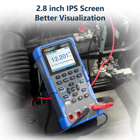 2 In 1 Oscilloscope And Multimeter For On The Go Techies measuring car voltage, 1MHz Bandwidth, digital display in engine bay