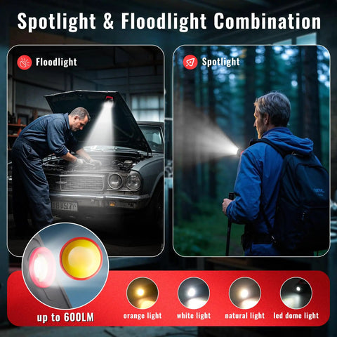 Rechargeable Detailing Light With Magnetic Base And Hook, 600 Lumen Handheld LED Swirl Finder used as spotlight and floodlight