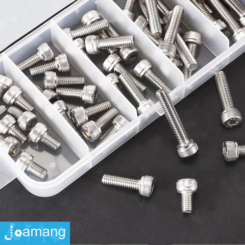 M5 Socket Head Cap Screws Kit With 10mm 14mm 18mm 20mm 25mm Lengths 304 Stainless Steel Fully Threaded Allen Hex Drive Bright Finish 50 Piece Assortment Bolts Set For Metric Projects Great For DIYers And Pros in a storage box