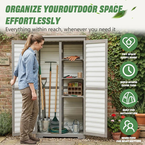 Woman organizing tools in Store More In Less Space Slender Outdoor Storage Cabinet For Tight Spaces Tall Vertical Tool Organizer.