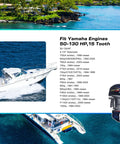 Image of a white yacht near tropical coast with specs of a 15 Spline Aluminum Outboard Propeller For Yamaha 50 To 130HP Engines displayed.