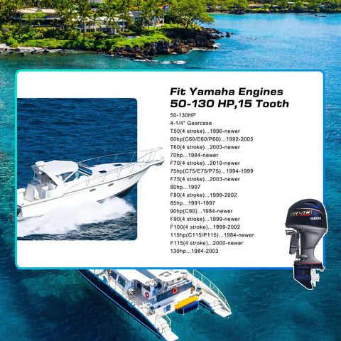 Image of a white yacht near tropical coast with specs of a 15 Spline Aluminum Outboard Propeller For Yamaha 50 To 130HP Engines displayed.
