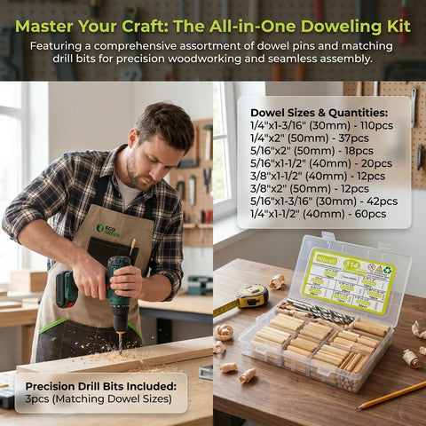 Carpenter using drill with All-In-One 314-Piece Wood Dowels Kit Pro-Grade With One Quarter, Five Sixteenths, And Three Eighths Inch