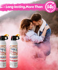 Epic Gender Reveal Fire Extinguisher 2 Pack Color Powder Blaster With Biodegradable Smoke For Baby Shower Party Supplies and a couple celebrating.