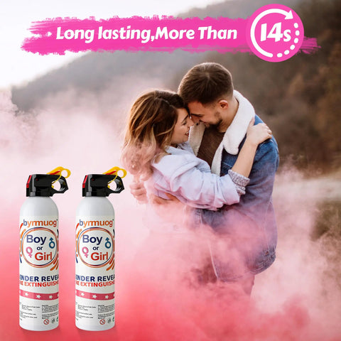 Epic Gender Reveal Fire Extinguisher 2 Pack Color Powder Blaster With Biodegradable Smoke For Baby Shower Party Supplies and a couple celebrating.