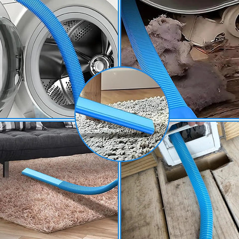 Universal Dryer Vent Cleaner Kit With Flexible Vacuum Hose Attachment For Deep Lint Removal in use on carpets and vents.