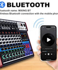 8 Channel Audio Mixer With Bluetooth And USB for DJ Podcast Live Streaming and Karaoke next to smartphone showing Bluetooth connection