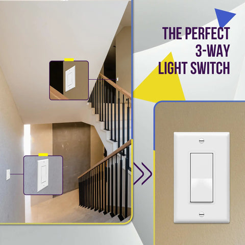 3-Way Decorator Paddle Light Switch With Gloss Finish, Quiet Paddle Action, Easy Install, Works As Single Pole Or 3-Way, Grounding Screw, Homeowner Grade, 15A 120V/277V, White, 10 Pack, installed on wall near staircase
