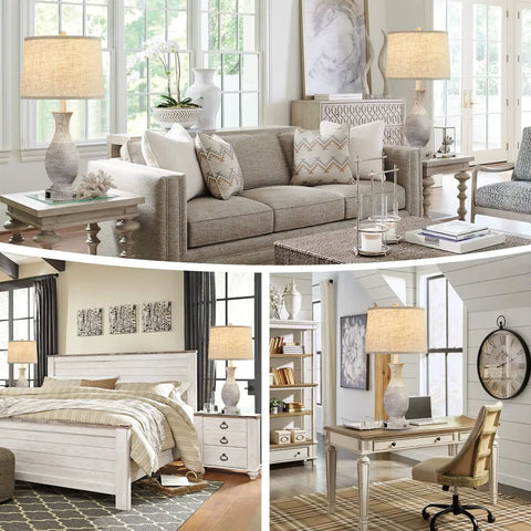 Collage of 28 Inch Farmhouse Table Lamps Set Of 2 With USB Ports And 3 Way Dimmable Nightstand Lighting, Oatmeal Linen Lampshade