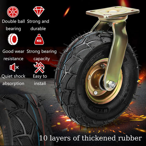 Heavy Duty Industrial Casters Pack Of 4 Lockable Swivel Wheels Double Ball Bearings Low Noise Non Slip Surface 1000 Lb Capacity close-up of thick rubber tire with durable metallic mount