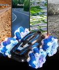 YEMIAI remote control stunt car, blue and black, 4WD with double-sided 360° flip and LED lights