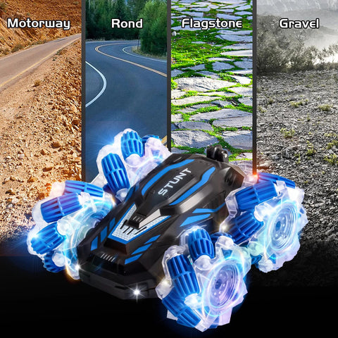 YEMIAI remote control stunt car, blue and black, 4WD with double-sided 360° flip and LED lights