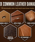 No Sweat Brown Leather And Vinyl Repair Kit Blends Dark Light Tan Chocolate Colors For Couch Sofa Chair Car Seat And Boots Effortless Invisible Diy Patch Fix Up Today showcasing common leather damage types.
