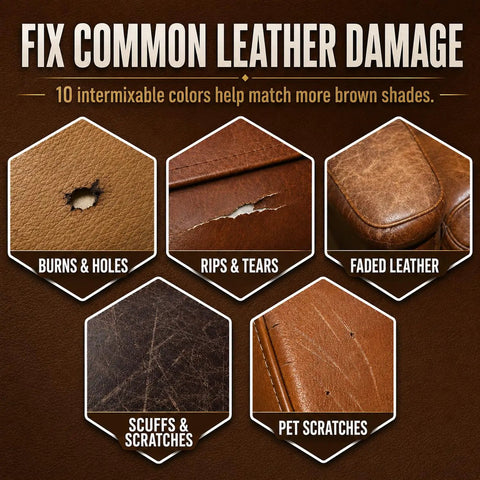 No Sweat Brown Leather And Vinyl Repair Kit Blends Dark Light Tan Chocolate Colors For Couch Sofa Chair Car Seat And Boots Effortless Invisible Diy Patch Fix Up Today showcasing common leather damage types.