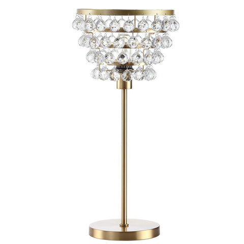 Brass Gold 25 Inch Table Lamp With Clear Crystal Beads, Modern Industrial Chandelier Style Nightstand Lamp For Bedroom Living Room