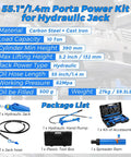 Heavy Duty 12 Ton Hydraulic Porta Power Pump With 4.6 Foot Hose And Steel Storage Case detailed specs showing carbon steel material, 10 ton capacity.