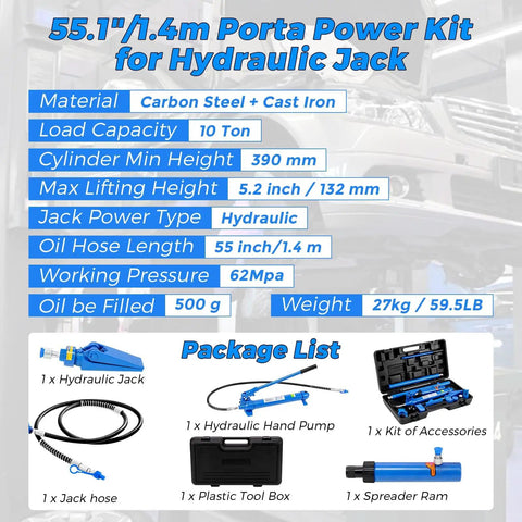 Heavy Duty 12 Ton Hydraulic Porta Power Pump With 4.6 Foot Hose And Steel Storage Case detailed specs showing carbon steel material, 10 ton capacity.