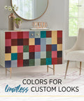Colorful square pattern sideboard in a modern living room with text 'Colors for Limitless Custom Looks' on a rug.