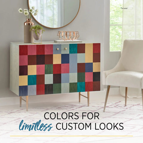 Colorful cabinet showcasing various finishes, including Satin Acorn Brown 1 Step Floor Finish 1 Gallon For Bare Or Previously Finished Floors