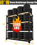 Garage Shelving Unit 40 Inch Wide 20 Inch Deep 59 Inch High 4 Tier Steel Storage Shelves Black with tires loaded