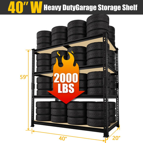 Garage Shelving Unit 40 Inch Wide 20 Inch Deep 59 Inch High 4 Tier Steel Storage Shelves Black with tires loaded