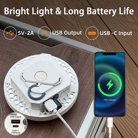 USB-C charging of phone with 4000LM Rechargeable Hangin Camping Tent Light With Magnet, Four Lighting Modes, Ultra Bright LED Lantern