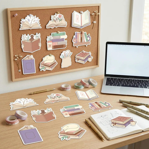 60 Pcs Book Lover Sticky Notes Set With 10 Cute Designs displayed on board and desk with laptop and stationery, 20 sheets per pad.