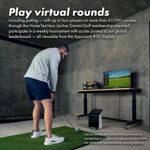 Golfer using Approach R50 Golf Launch Monitor And Simulator Bundle With Ball And Club Metrics Built In 10 Inch Color Display