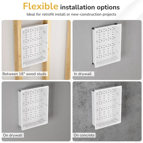 In Wall Recessed TV Box For Home Theater Components And Network Gear With Heavy Duty Ventilation Panels installed on drywall