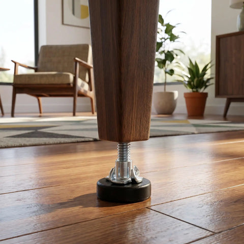 Close-up of 12 Pack T Nut Leveling Feet for Cabinets and Desks, adjustable furniture leveler on wooden floor with anti-slip felt pad.