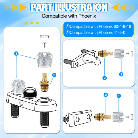 Part diagram showing DIY Faucet Stem and Handle Replacement Kit for Phoenix Mobile Home Faucets Brass Shower Stem parts