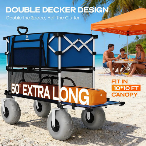 Heavy Duty Double Decker Beach Wagon Cart With 500Lb Load Capacity, 400L Dual Level Storage, Balloon Wheels For Sand, Folding