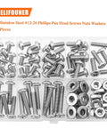 Pro Grade Heavy Duty Pack Of 102 Number 12-24 Phillips Pan Head Machine Screws Paired With Hex Nuts And Flat Washers in plastic organizer.