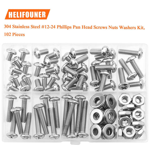 Pro Grade Heavy Duty Pack Of 102 Number 12-24 Phillips Pan Head Machine Screws Paired With Hex Nuts And Flat Washers in plastic organizer.