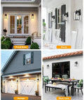 Collage of two pack dusk-to-dawn sensor outdoor wall light fixtures, black exterior sconce with anti-rust aluminum frame and tempered seeded glass