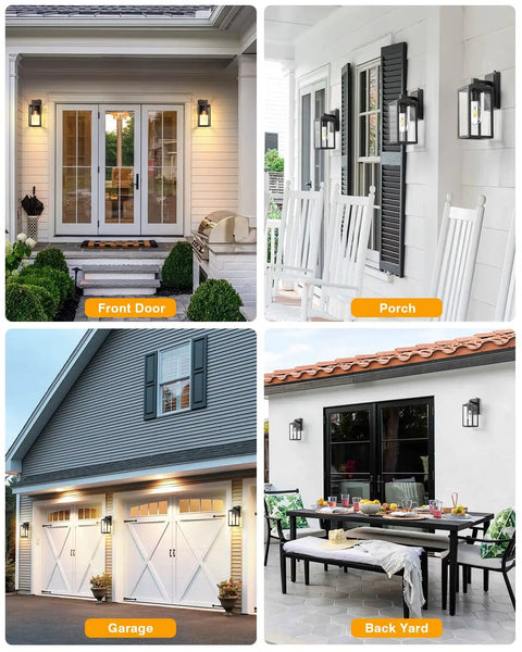 Collage of two pack dusk-to-dawn sensor outdoor wall light fixtures, black exterior sconce with anti-rust aluminum frame and tempered seeded glass
