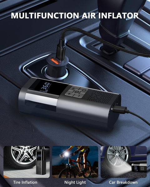 Portable Tire Inflator Air Compressor 150 PSI Cordless On The Go with Digital Display in car charging slot