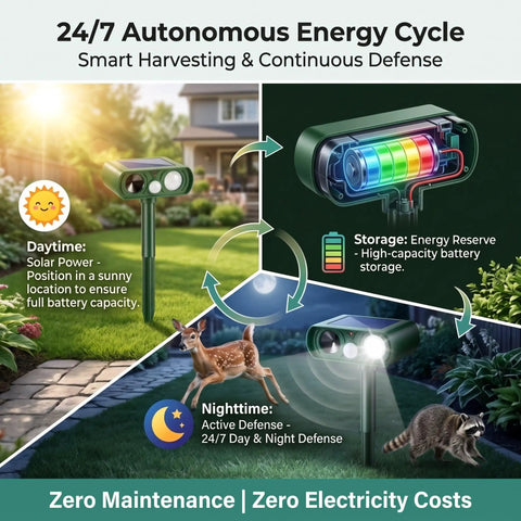 Solar Ultrasonic Animal Repellent For Gardens And Yards With Motion Sensor Strobe Light, solar-powered stake in day and night use