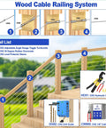 Wood cable railing system with 40 Pack T316 Marine Grade Stainless Steel 30 Degree Beveled Cable Railing Sleeves For Wood Posts Protecting One Eighth Inch Cables On DIY Balustrades And Outdoor Stairs Ramps Heavy Duty CR30, diagram and tool list depicted.