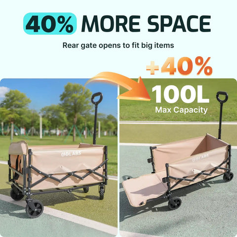 Collapsible Wagon Cart With 350Lb Load, Expandable 100L Storage, Double Bearing Steering, Heavy Duty Garden Cart on Tennis Court