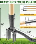 Stand Up Weed Puller Tool With Long Handle And 4 Claw Steel Head For Easy Garden Weeding Without Bending Or Kneeling Heavy Duty Hand Weeder, dimensions 46in and 5.9in claw size.