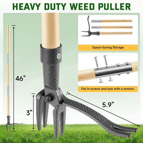 Stand Up Weed Puller Tool With Long Handle And 4 Claw Steel Head For Easy Garden Weeding Without Bending Or Kneeling Heavy Duty Hand Weeder, dimensions 46in and 5.9in claw size.