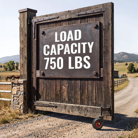 8 Inch Spring Loaded Gate Caster Wheel Heavy Duty Pipe Gate Roller Smooth As Butter Outdoor Slider for wood and metal fences, showing load capacity of 750 lbs.